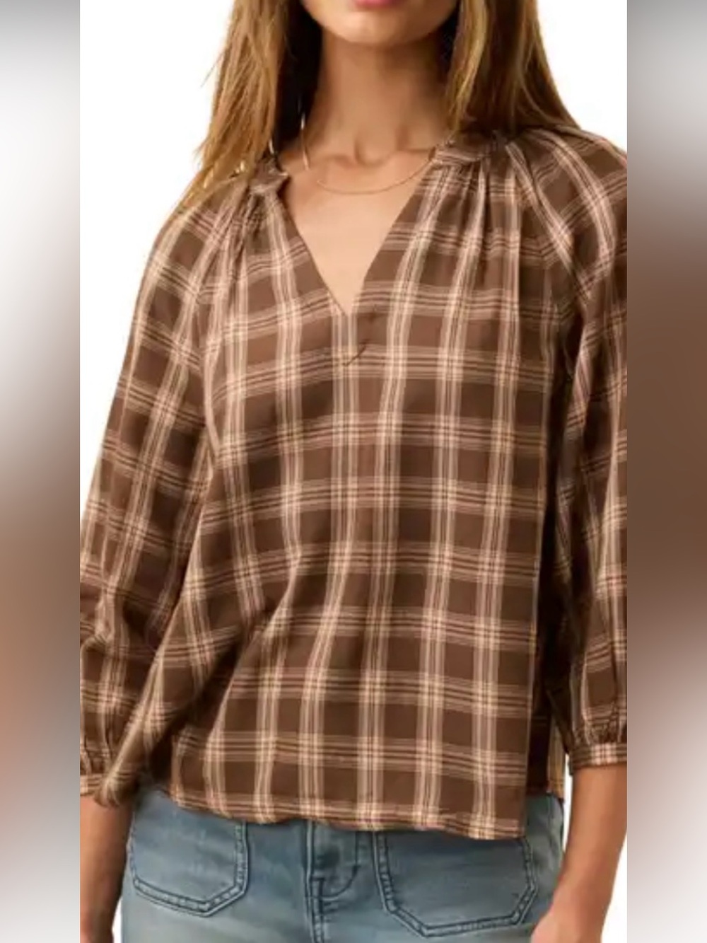 Faherty Portia Brown Plaid Blouse NWT